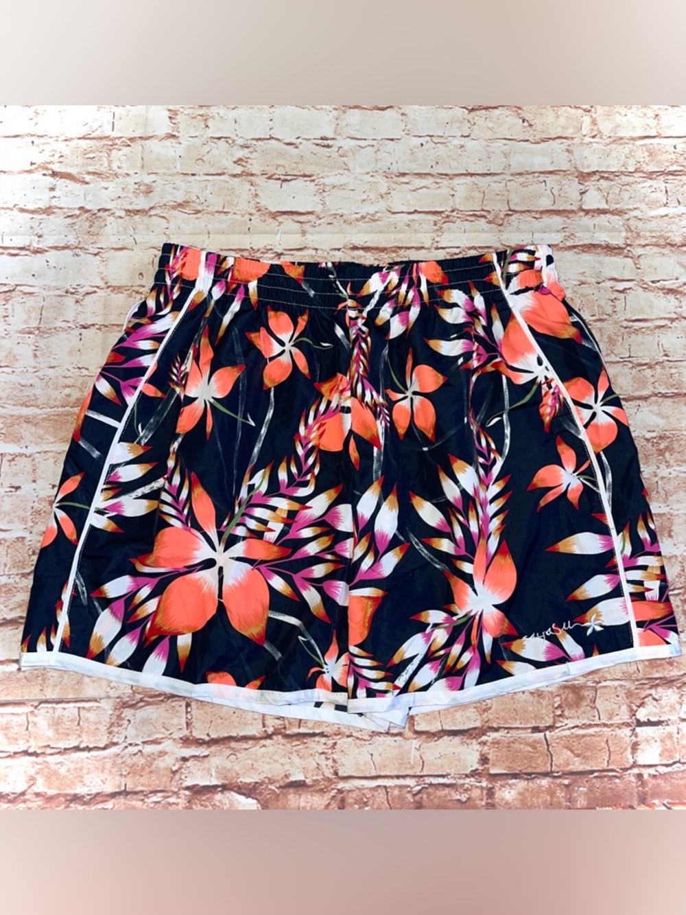 raya sun | Navy Shorts with Coral & Pink Tropical Print
